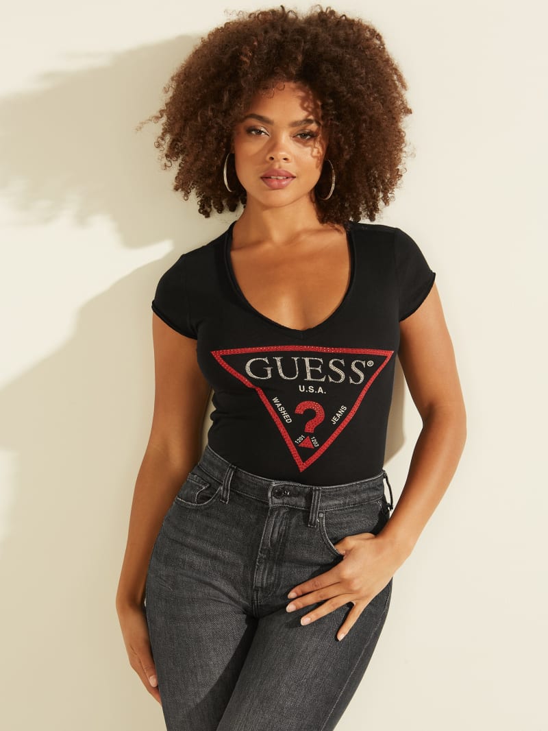 GUESS Girls Big Long Sleeve Bling Graphic Logo T-Shirt 