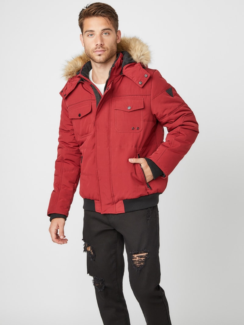 guess men's red puffer jacket