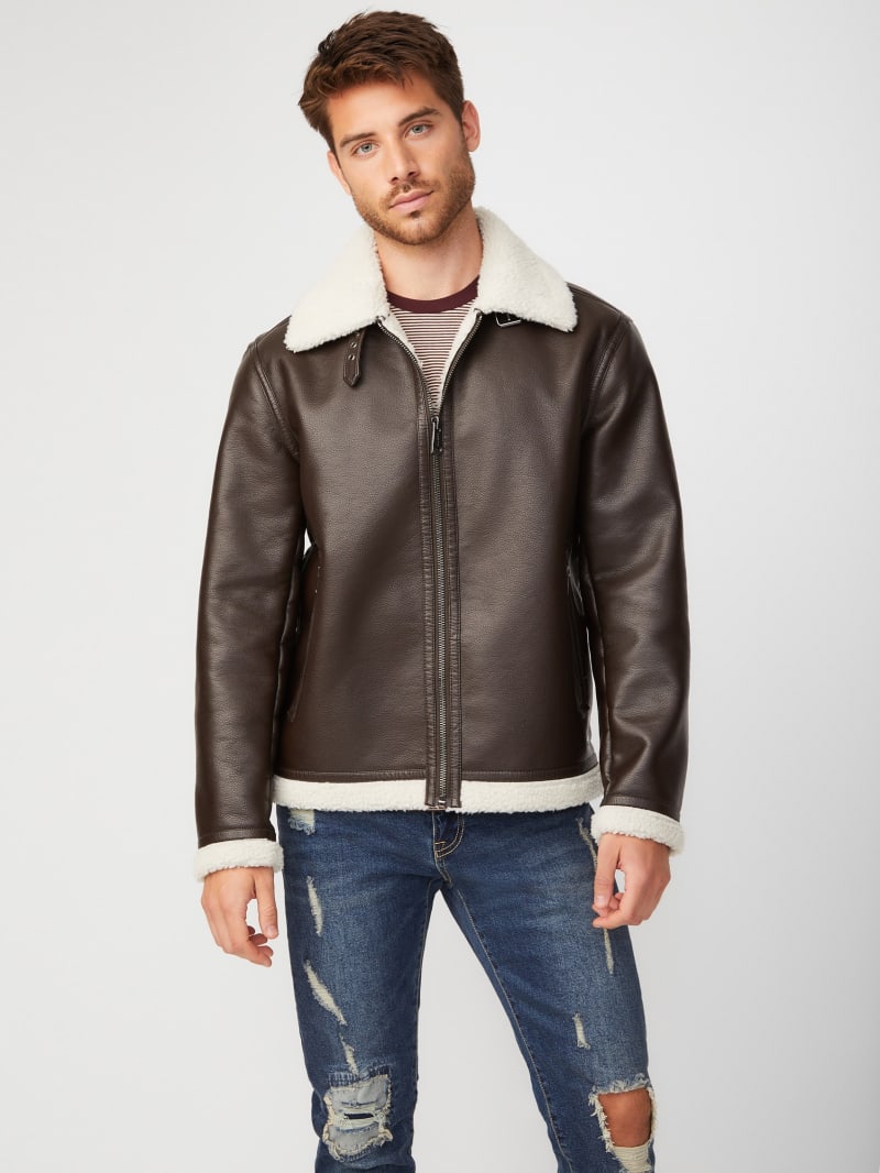 guess brown leather jacket mens