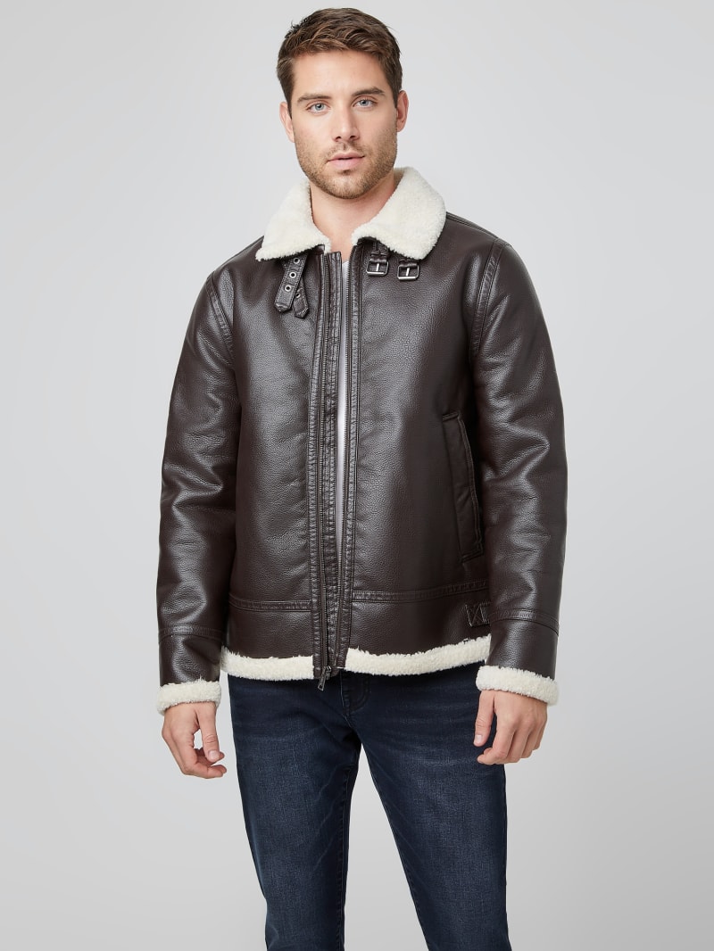 Brown leather jacket guess discount