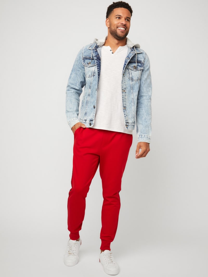 Red hoodie with jean jacket store