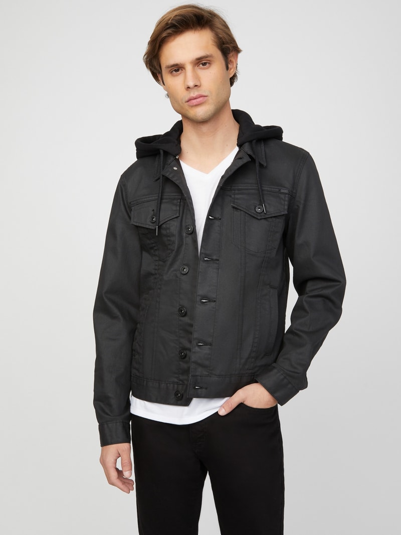 Black denim hooded jacket men's hot sale
