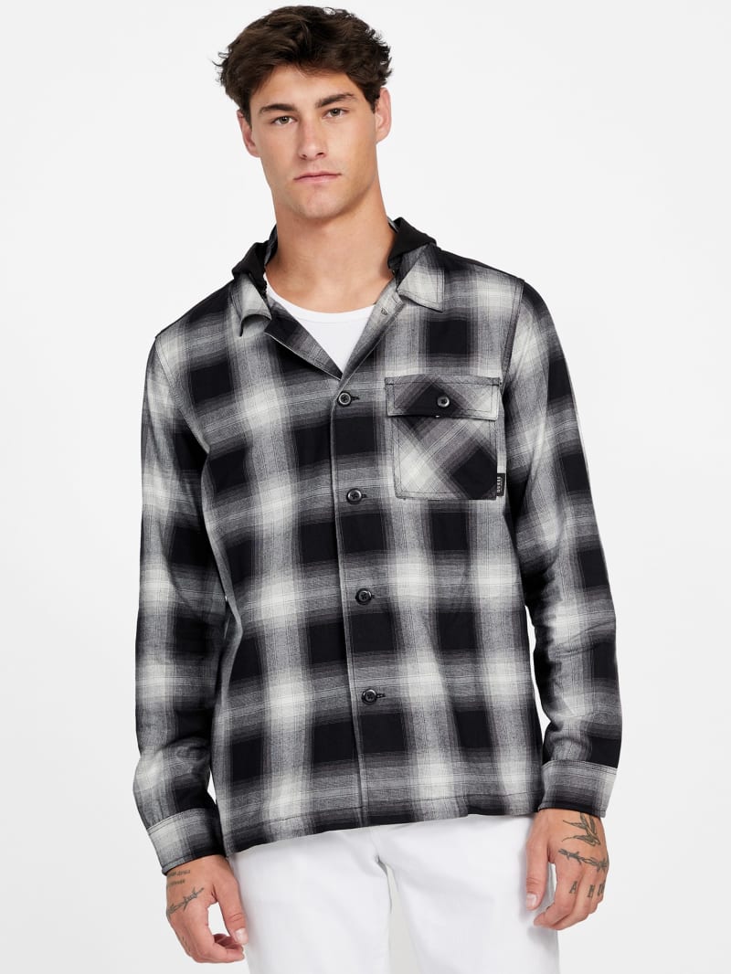 WOOL CHECK SHIRT / BLACK×GRAY Men's Alaskan Check Overshirt in Recycled Italian Wool Blend gray