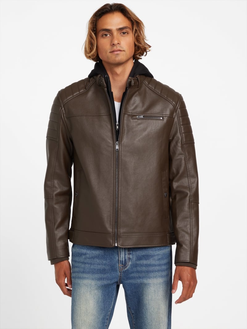 Danilo Faux-Leather Hooded Moto Jacket | GUESS Factory