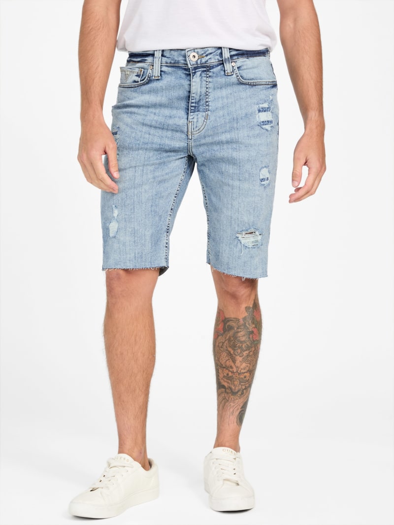 【mnem】Flow Damage Denim Shorts Eco Wayde Destroyed Denim Shorts | GUESS Factory