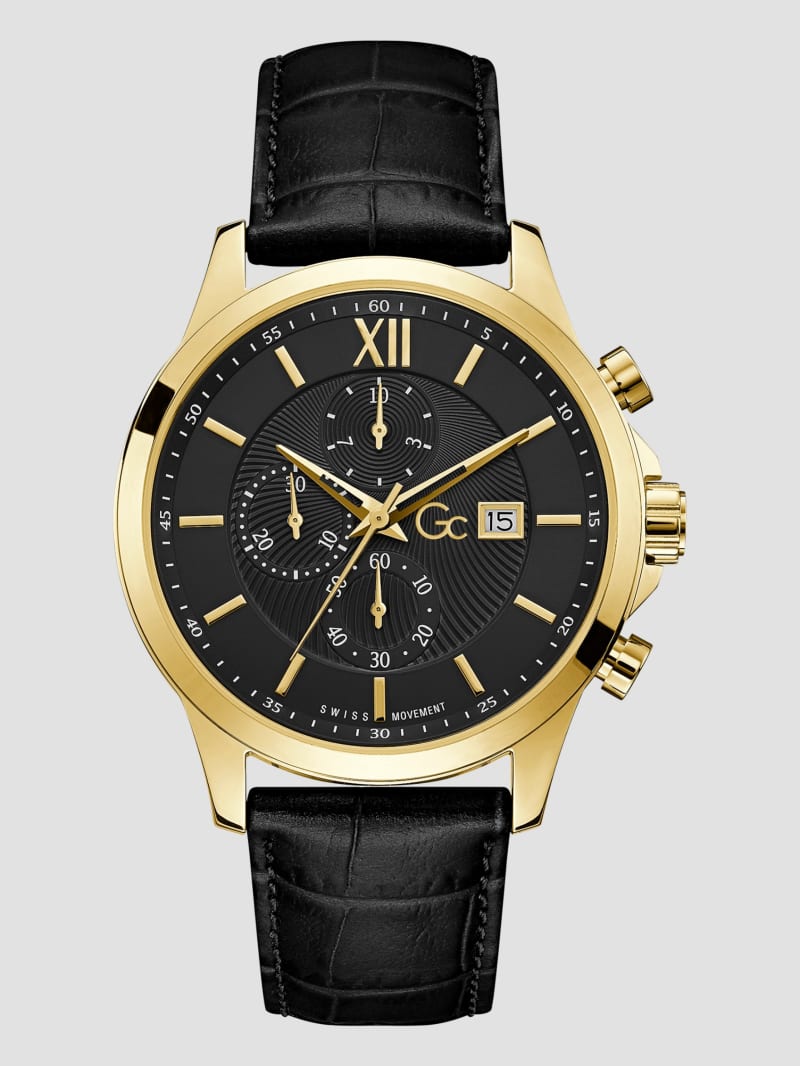 Gc Gold Tone and Black Leather Chronograph Watch GUESS