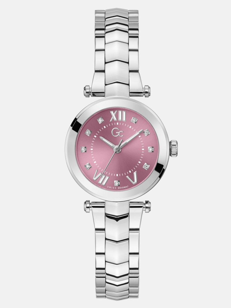 Gc Silver-Tone and Pink Analog Watch