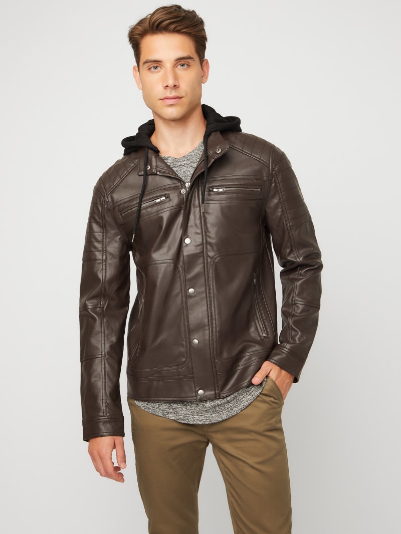 guess brown leather jacket mens