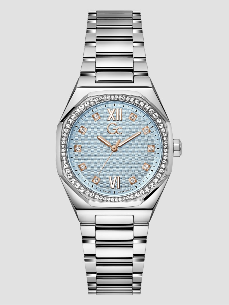 Gc Silver-Tone and Light Blue Crystal Analog Dial