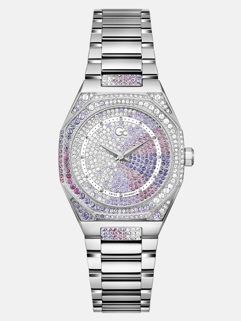 Gc Silver-Tone Crystal Analog Watch