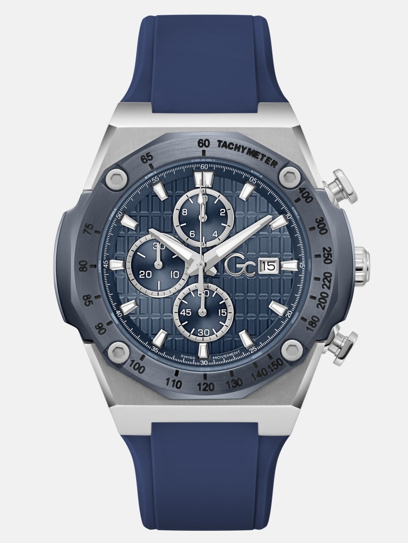 Gc Silver-Tone and Blue Chronograph Watch