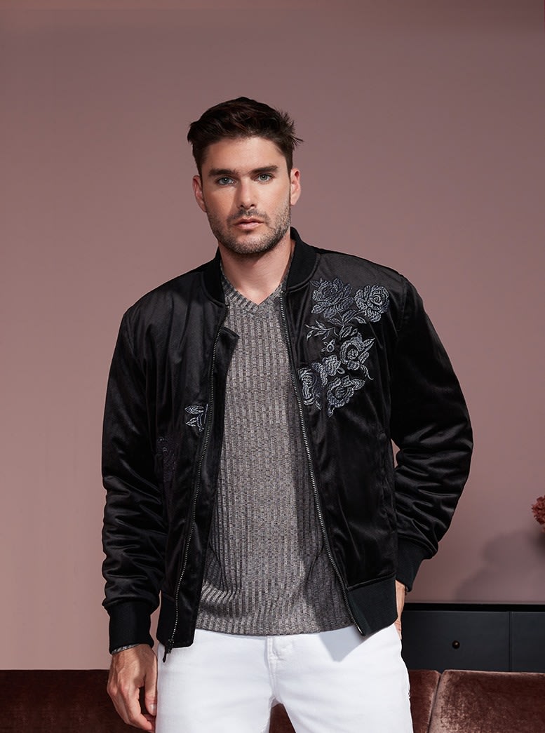 ASOS DESIGN embroidered satin varsity bomber jacket in black