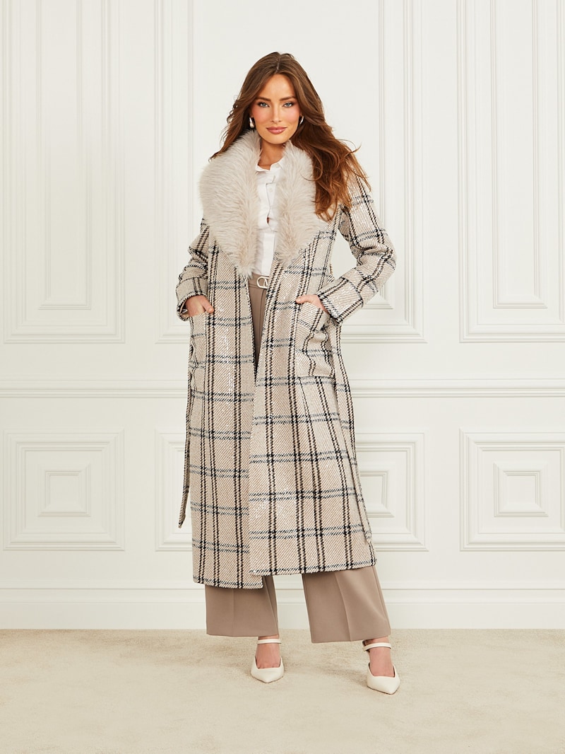小物 Blanc. B0037 - BROWN MAT / M.GRN Charlize Sequin Plaid Wrap Coat | Marciano