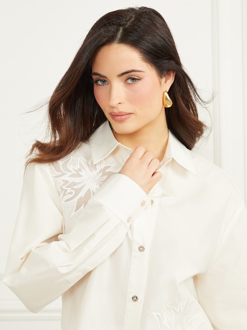 売れ筋商品|||カールラガーフェルド カットソー トップス レディース Women's Embellished Cropped Button-Down Shirt White Glam de Fleur Embroidered Shirt | GUESS