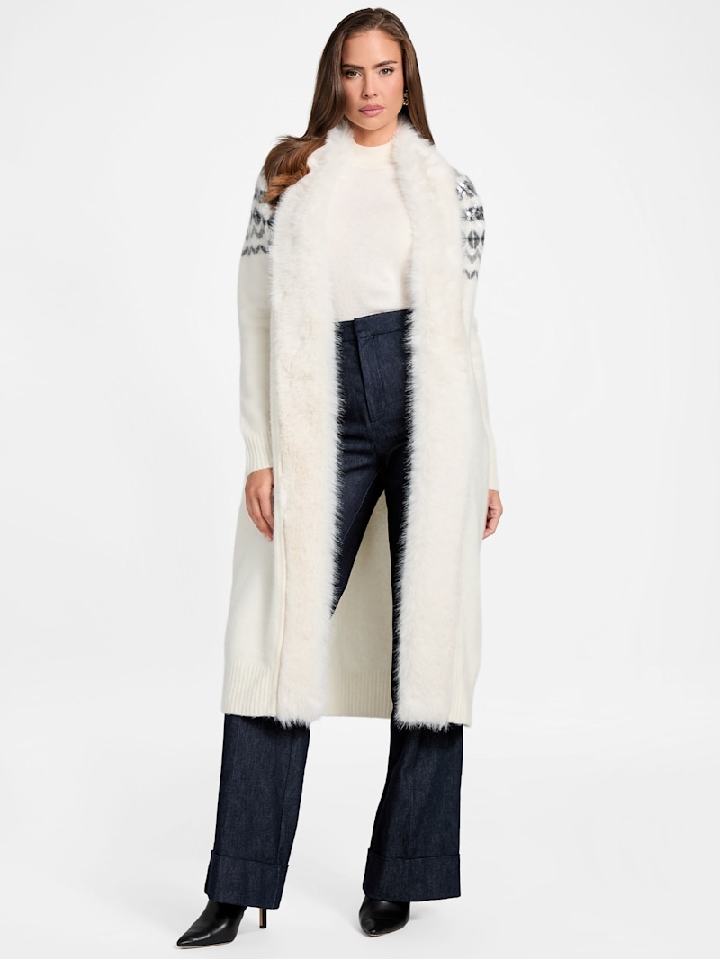 eLLa ⚫︎big collar gilet (mix)⚫︎ Akilah Faux Fur-Trim Longline Cardigan | GUESS