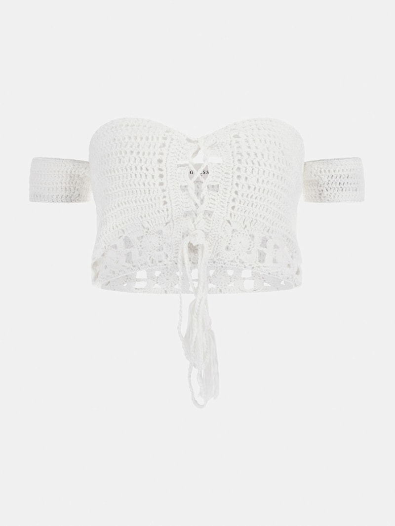 売れ筋商品|||ゲス カットソー トップス レディース Women's Crochet Crop Top Pearl White ゲス GUESS SL CAITLIN CROCHET CROP TOP （NEW PEARL BLUSH