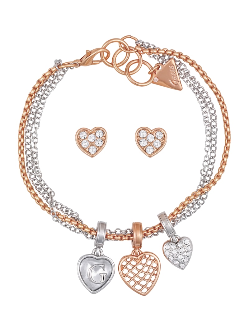 Mixed-Tone Heart Layered Bracelet and Earrings Box Set