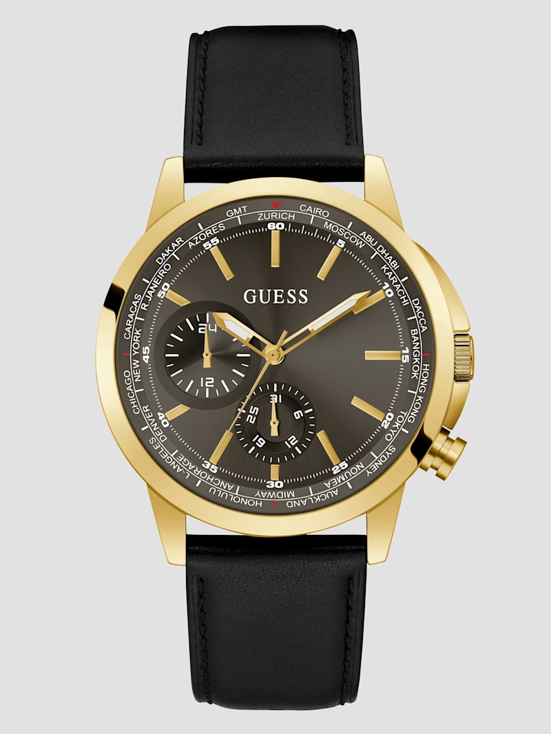 Leather Strap Guess Watches Man Gold-Tone And Black Leather