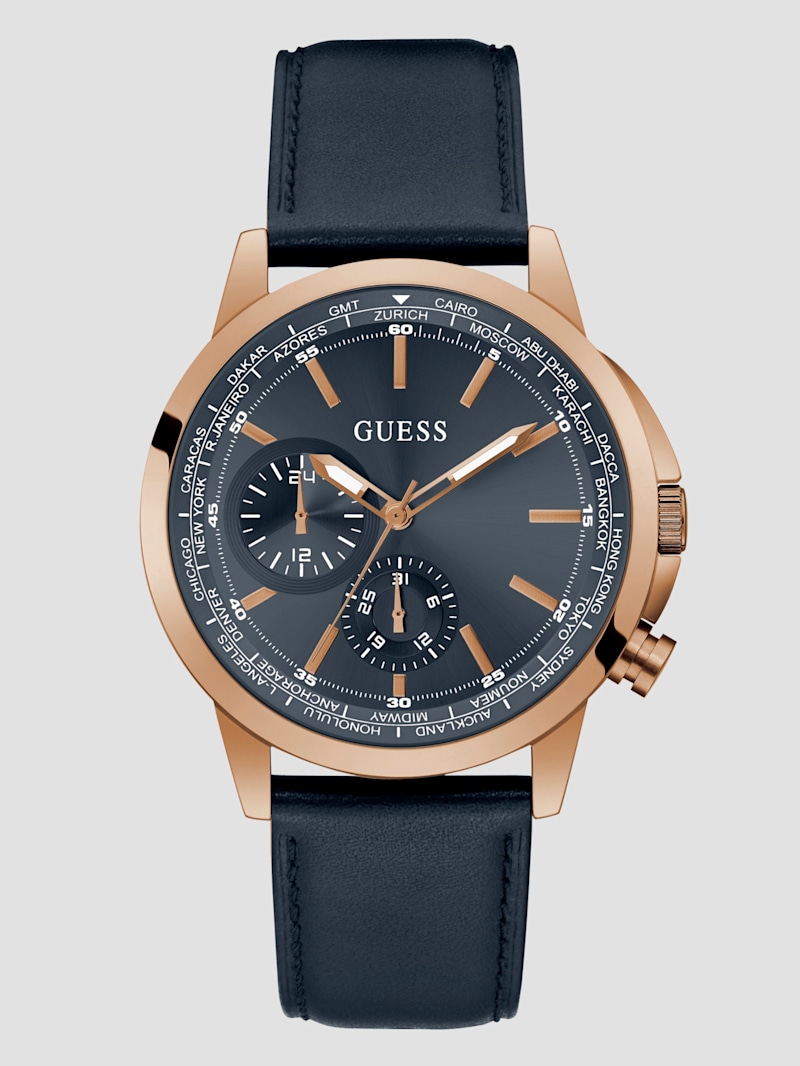 Rose Gold-Tone and Navy Leather Multifunction Watch | GUESS