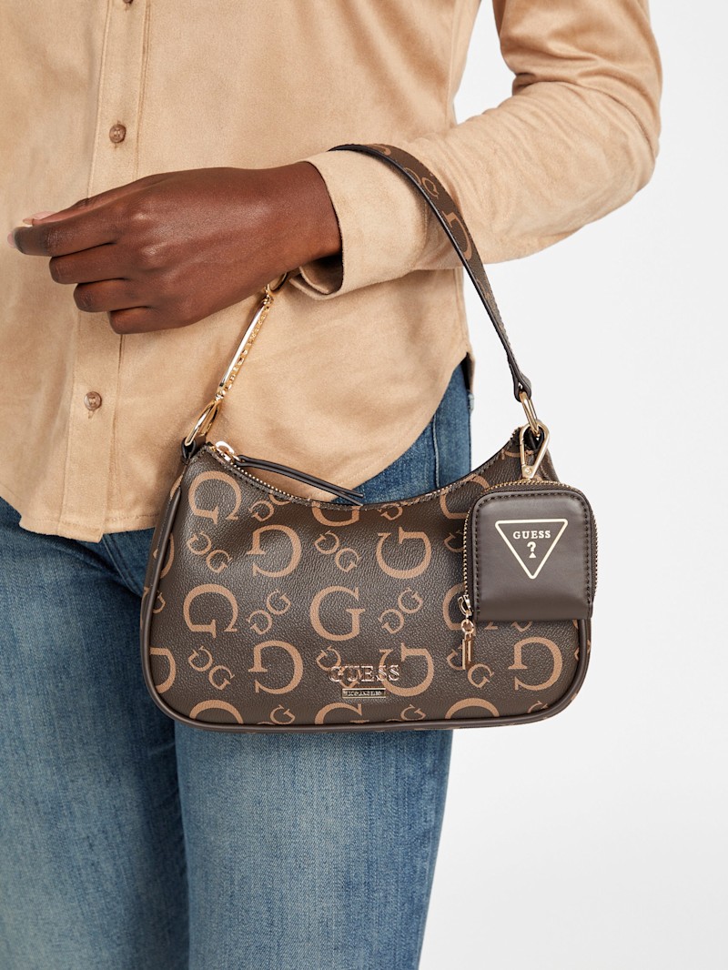 【Glossy/グロッシー】ジップデザインブラウン Sサイズ Oona Logo Shoulder Bag | GUESS Factory