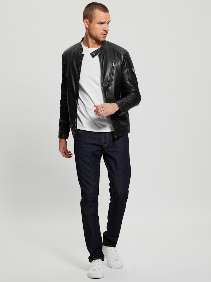 GUESS ブラック レザージャケット Faux-Leather Biker Jacket | GUESS