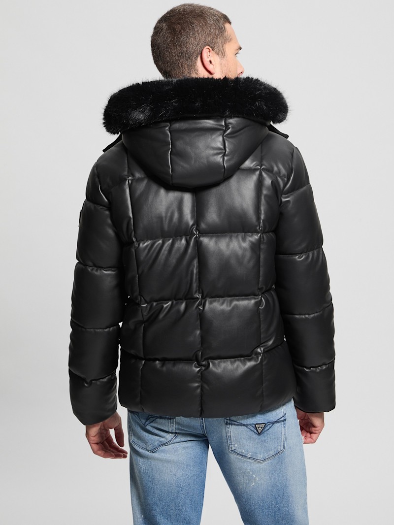 Faux-Leather Stretch Puffa Jacket | GUESS