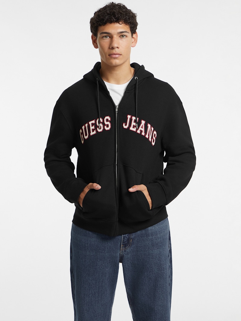 【mnem】Karan Fleece Patch Hood Zip-Up Logo Patch Zip-Up Hoodie | GUESS