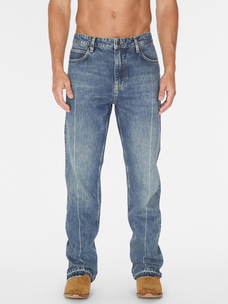 ★E.B.M★ Blue Washing Denim Pants EMP2DPT040 Brighten Up Embellished Fringe Straight Leg Jeans - Light
