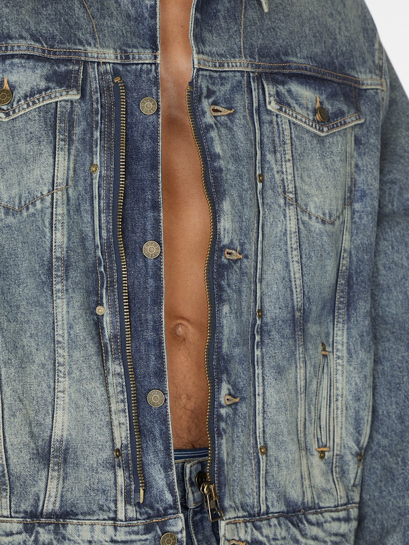 ＆ GUESS ネイビー ジップアップ トラックジャケット natural lined zip-up trucker jacket | GUESS