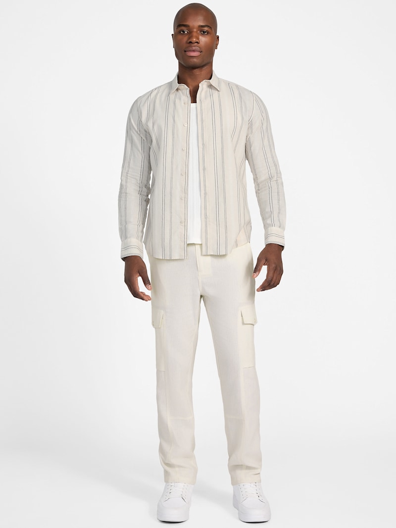シャツ HUECLOSET Stripe Thin Shirt 25KERO477 Short Sleeve Textured Stripe Linen Shirt