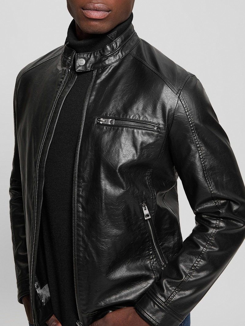 GUESS カバーオール ジャケット ブラック メンズL Faux-Leather Biker Jacket