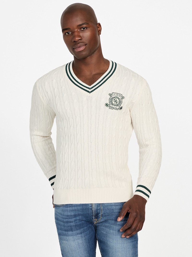 Cable Knit Men's White V Neck Sweater Eco Hewie Cable-Knit