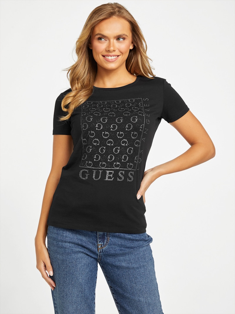 トップス Bibiy. rosette tee black Naty Crewneck Rhinestone Tee | GUESS Factory