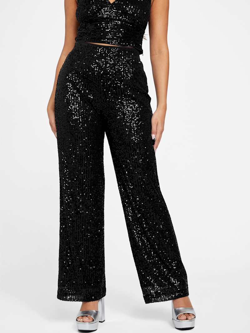 【42】SEQUINS EASY PANTS Silver Sequin Pants - Wide-Leg Sequin Pants - High-Waisted