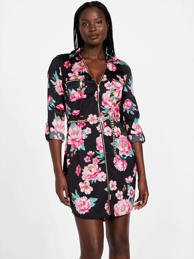 Elina Satin Printed Shirt Dress | GUESS Factory