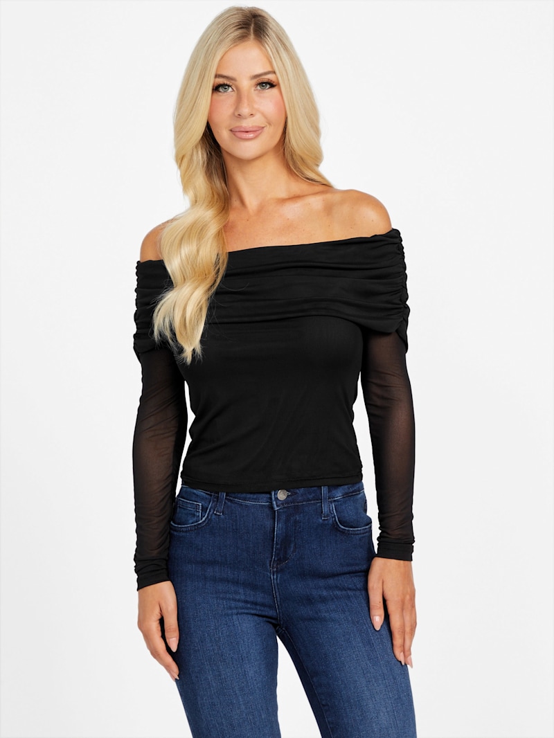 ビジョナップ　ブラック Lacey Sheer Off-the-Shoulder Top | GUESS Factory