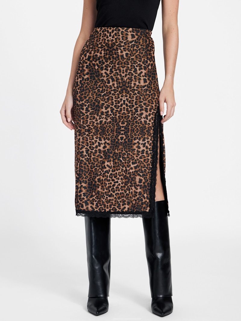 Tyra Leopard Mesh Midi Skirt | GUESS Factory
