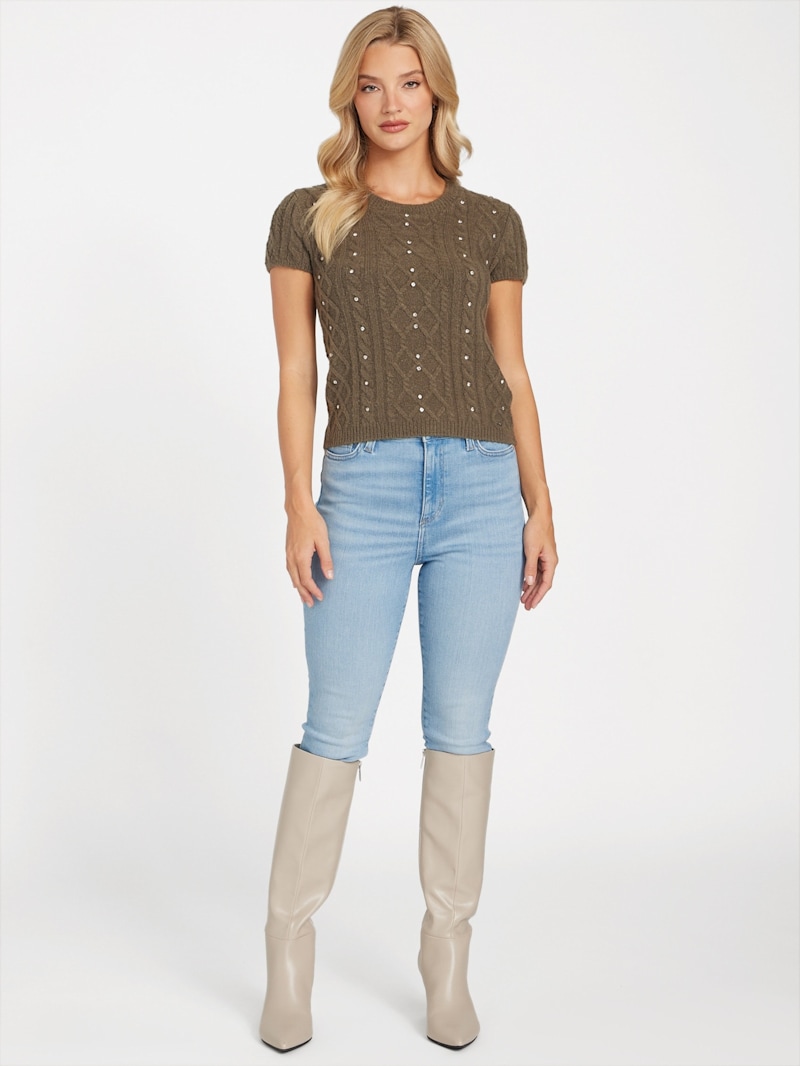 Vienna Cable-Knit Rhinestone Sweater | GUESS Factory