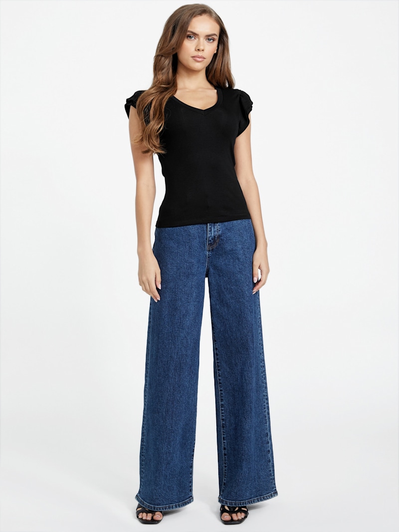 Ariel Ribbed Ruffle Top | GUESS Factory