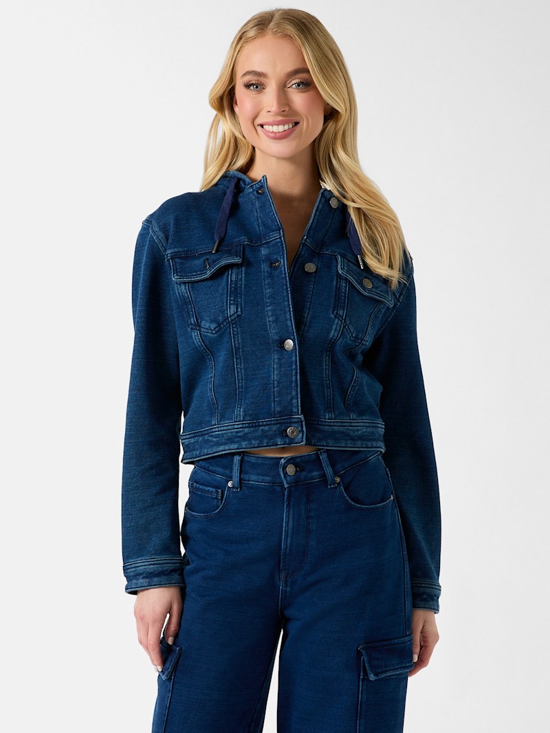 Angela Hooded Cropped Denim Jacket | GUESS Factory Ca