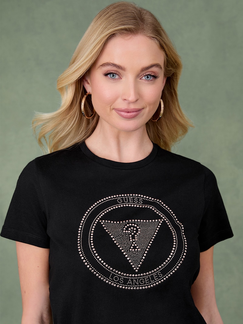 売れ筋商品|||ゲス カットソー トップス レディース Women's Palm Print Crewneck T-Shirt Acid Jet Black GUESS ゲス Tシャツ 半袖 メンズ レディース Original Triangle