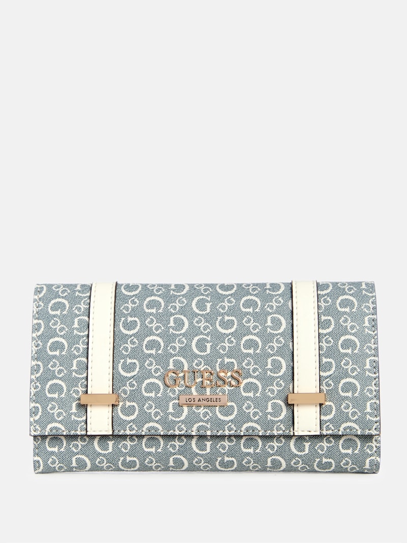 GUESS Factory Women's Aengus Slim Clutch Wallet - Faux Leather, Gold-Tone Logo, 12 Card Slots, Zip Pocket