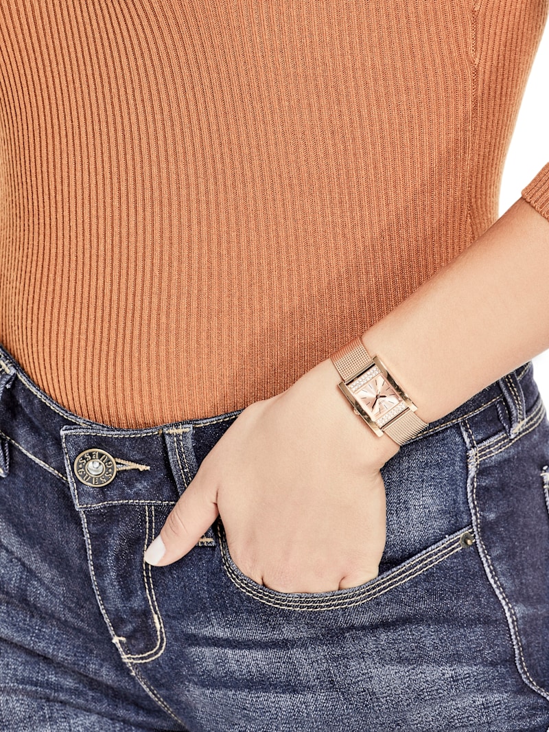 Rose Gold-Tone Mesh Analog Watch | GUESS Factory Rose Gold-Tone Mesh Analog Watch | GUESS Factory