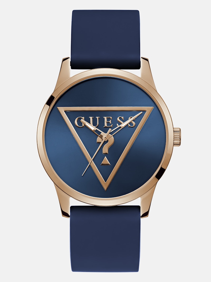 Rose Gold-Tone Triangle and Blue Silicone Analog Watch | GUESS Factory