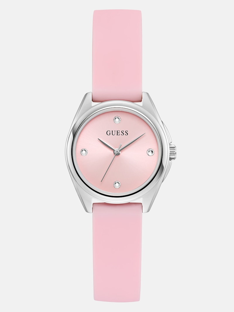 Silver-Tone Crystal and Pink Silicone Analog Watch | GUESS