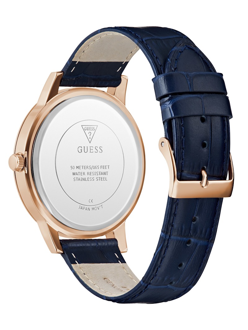 Rose Gold-Tone and Navy Leather Analog Watch | GUESS Factory