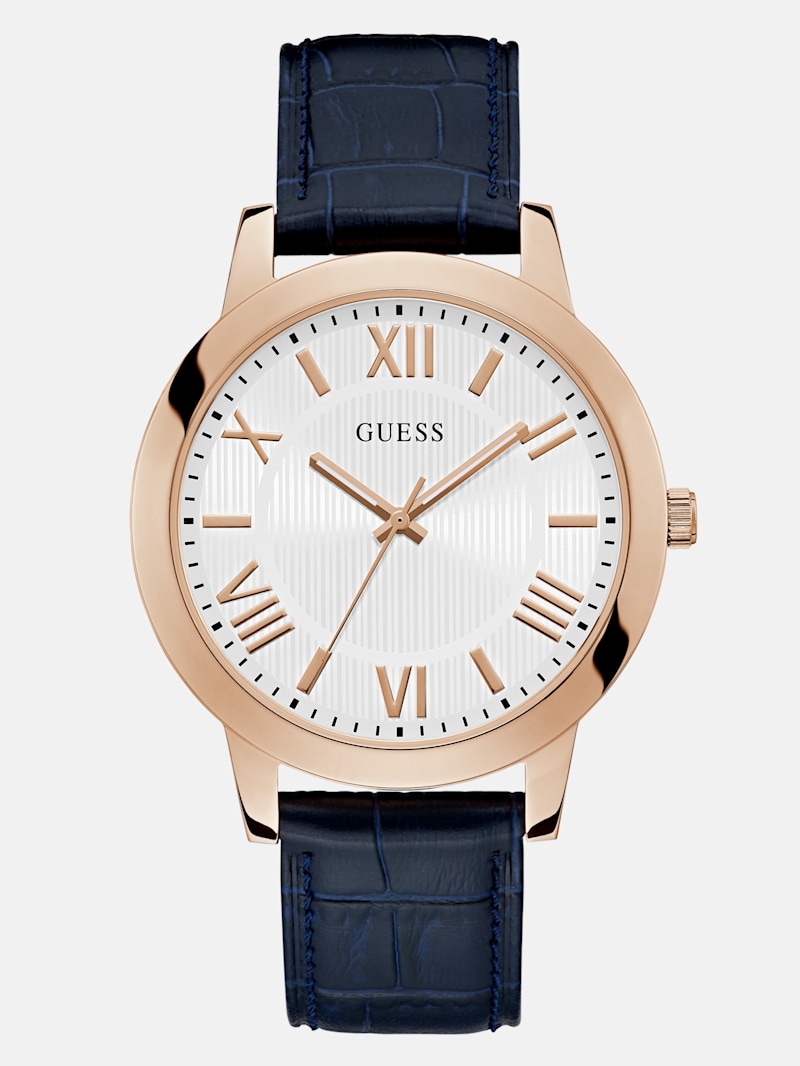 Rose Gold-Tone and Navy Leather Analog Watch | GUESS Factory