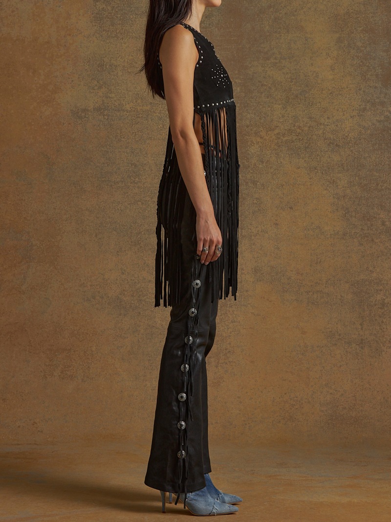 トップス NINE Fringe leather vest Floral Leather Fringe Vest Free Shipping - The Vintage Twin