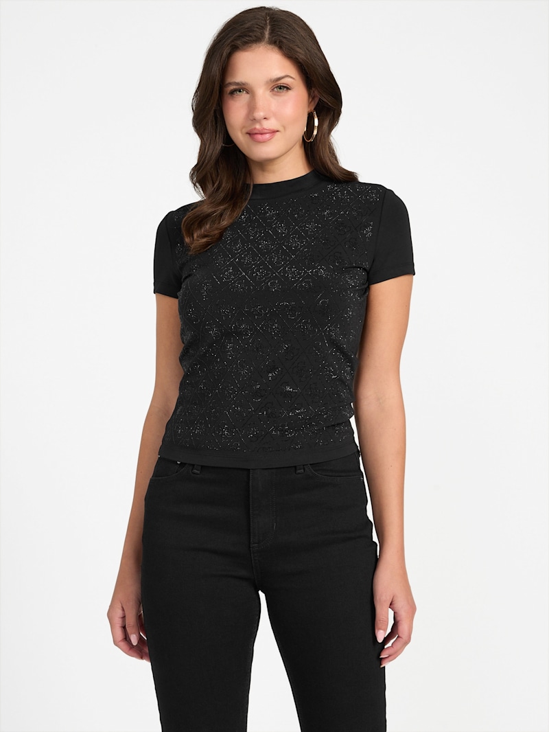 Rhinestone Quattro G Mock-Neck Tee | GUESS
