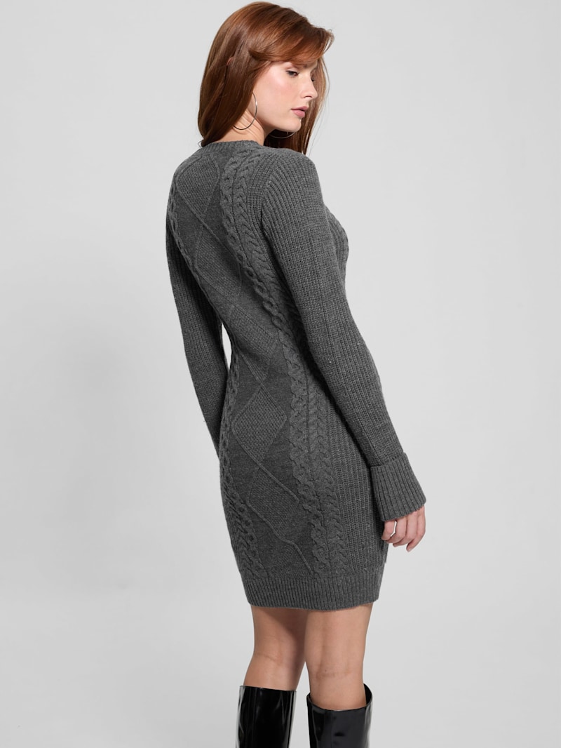 【最終値下げ】Puff Sleeve Cable Knit Dress Aran Long Sweater-dress With Open Shoulders Pink Knitted One